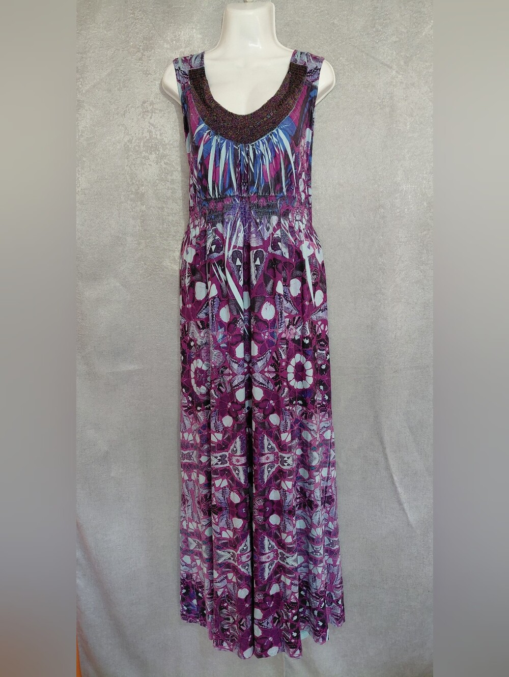 ONE WORLD Purple Patterned Maxi Dress with Beaded Neckline.